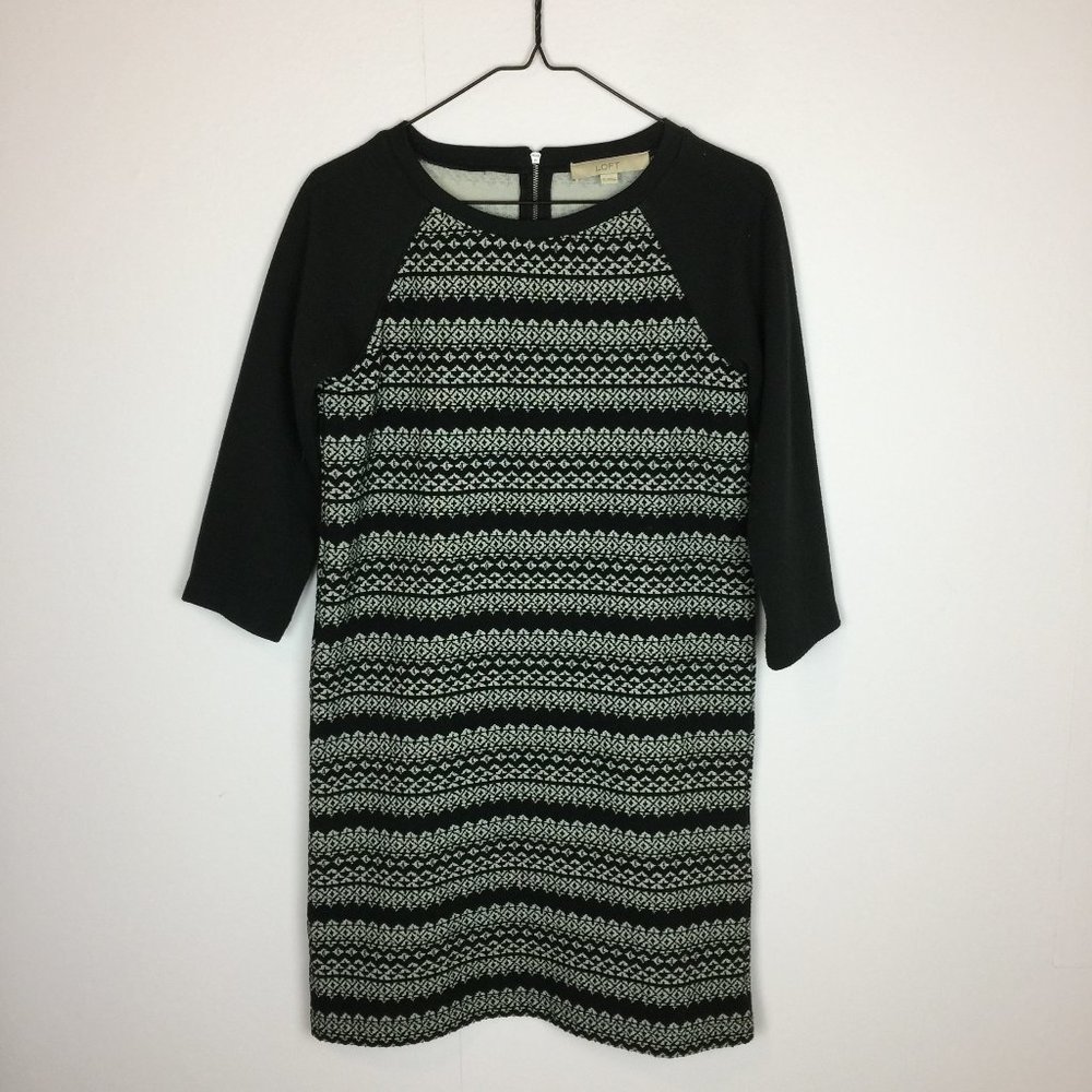 Ann Taylor LOFT Mini Shift Dress Size XS Womans Black White Knit 3/4 Sleeve Boho